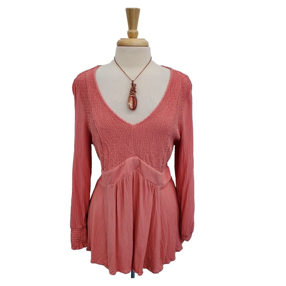 Torrid Pink Smocked Boho Peplum Babydoll Blouse V Neck Long Sleeve Womens 1X